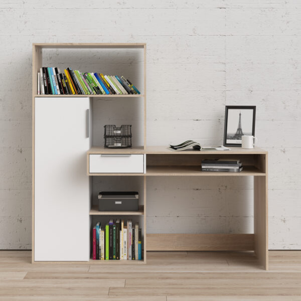 Ajax Plus Desk Multi-Functional Desk with Drawer and 1 Door in White and Oak | Self Assembly
