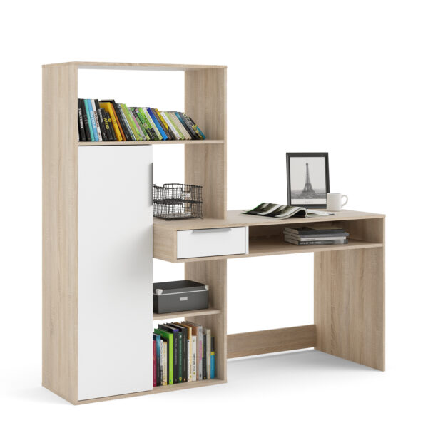 Ajax Plus Desk Multi-Functional Desk with Drawer and 1 Door in White and Oak | Self Assembly