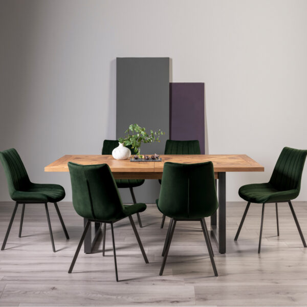 Calgary 6-8 Seat Extending Dining Table & 6 Green Velvet Fabric Chairs | 190 - 240cm