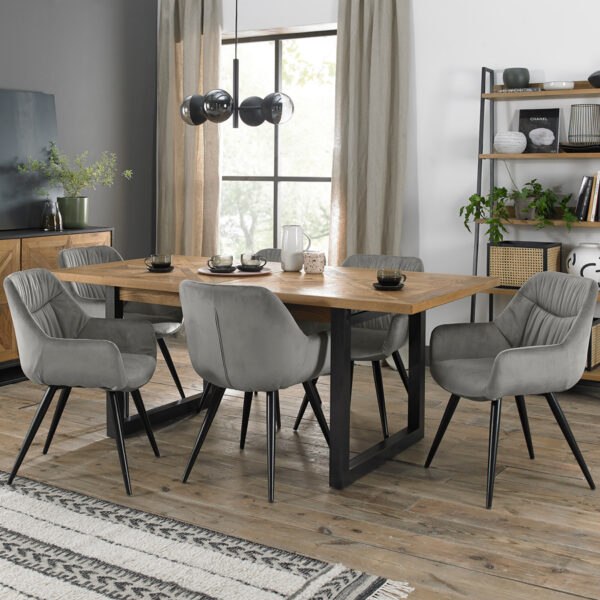Calgary 6-8 Seat Extending Dining Table & 6 Grey Velvet Fabric Chairs | 190 - 240cm
