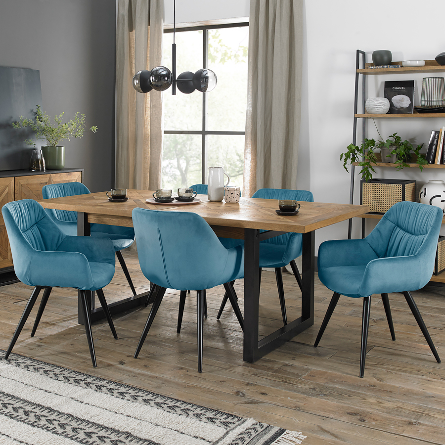 Calgary 68 Seat Extending Dining Table & 6 Petrol Blue Velvet Fabric