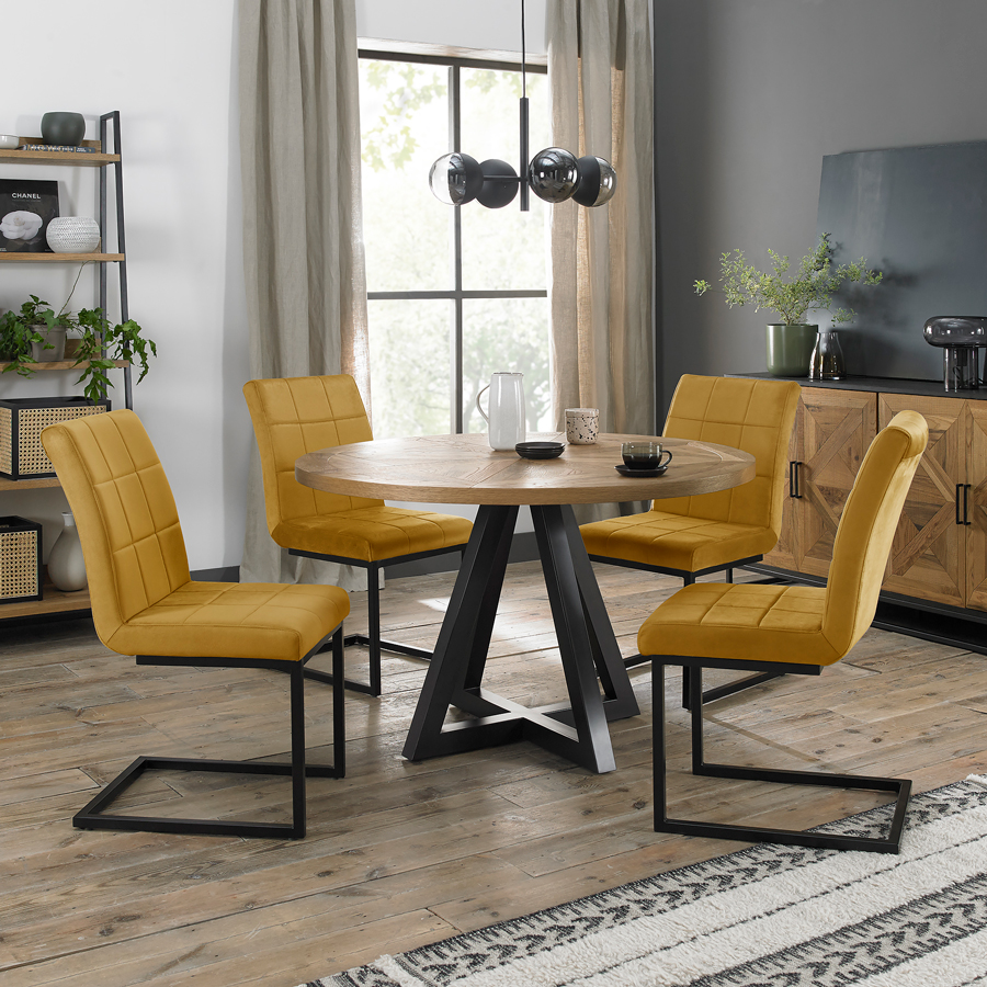 Calgary 4 Seater Dining Table & 4 Tan Faux Suede Fabric Chairs Oak World