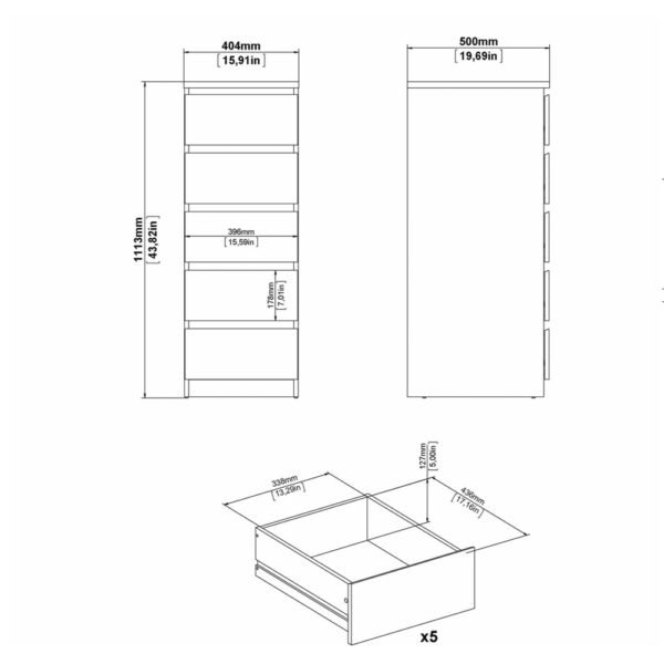 Moderno Narrow Chest of 5 Drawers in Jackson Hickory Oak | Self Assembly