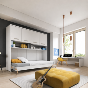 Horizontal Wall Bed Concept 90cm with Over Bed Unit | White Gloss