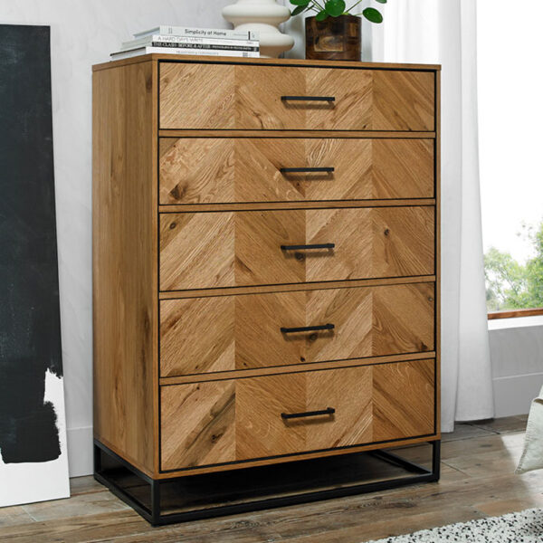 Lambourne Rustic Oak 5 Drawer Tall Chest