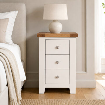 Norfolk White 3 Drawer Bedside Cabinet | Oak Top