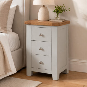 Norfolk French Grey 3 Drawer Bedside Cabinet | Oak Top
