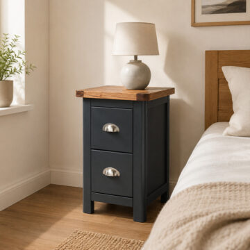 Stirling Black 2 Drawer Petite Bedside Cabinet |Oak Finish Top