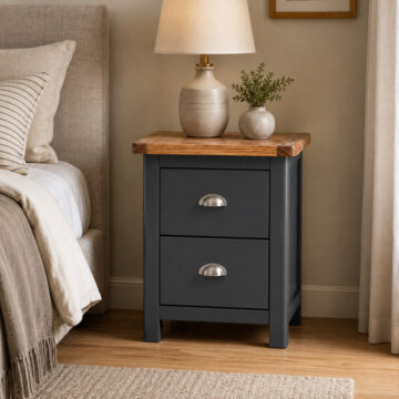 Stirling Black 2 Drawer Bedside Cabinet | Oak Finish Top