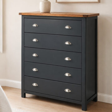 Black Stirling 5 Drawer Chest | Antique Oak Effect Wax | Carbon Grey