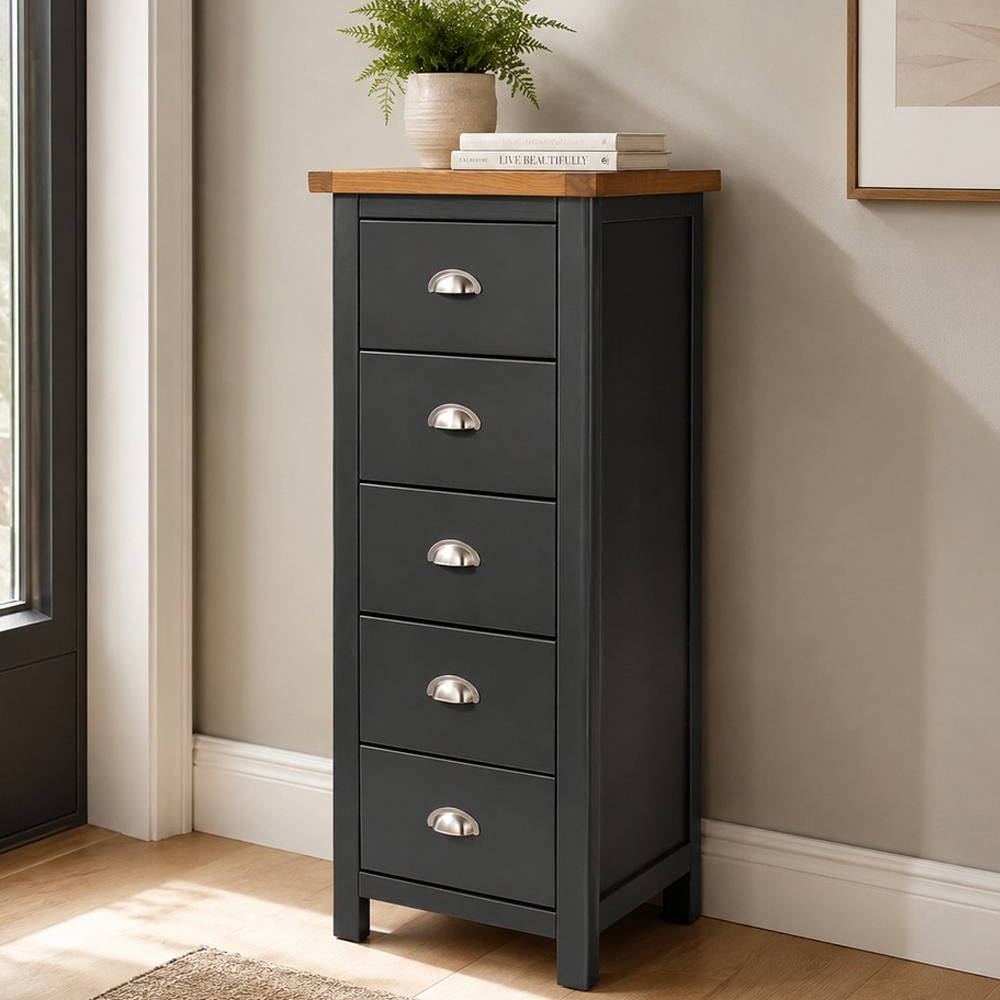 Stirling Black 5 Drawer Narrow Chest | Antique Oak Effect Wax