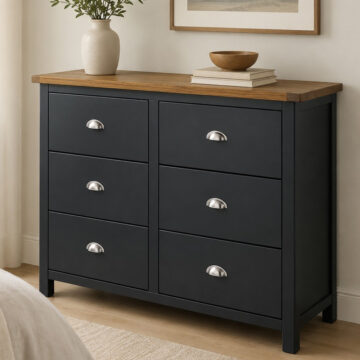 Black Stirling 3+3 Drawer Wide Chest | Antique Oak Effect Wax | Carbon Grey