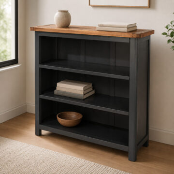 Stirling Midnight Blue Low Bookcase | Antique Oak Effect Wax