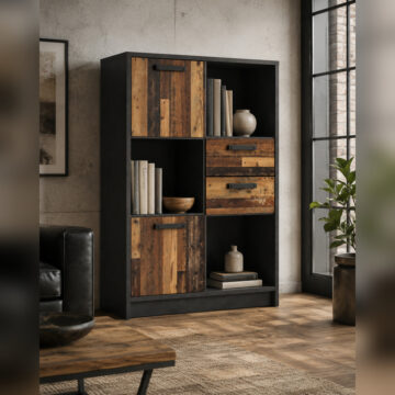 Ingles Low Bookcase with 2 Doors and 2 Drawers | Walnut and Dark Matera Grey