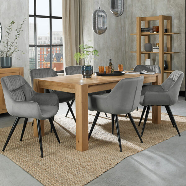 Silvan Light Oak 6-8 Seat Extending Dining Table with 6 Dali Grey Velvet Fabric Chairs | 165 - 225cm