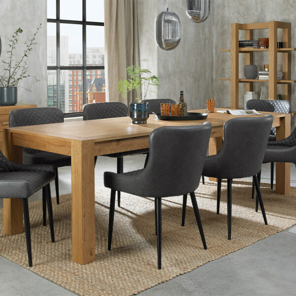 Silvan Light Oak 6-8 Seat Extending Dining Table with 6 Cezanne Dark Grey Faux Leather Chairs | 165 - 225cm