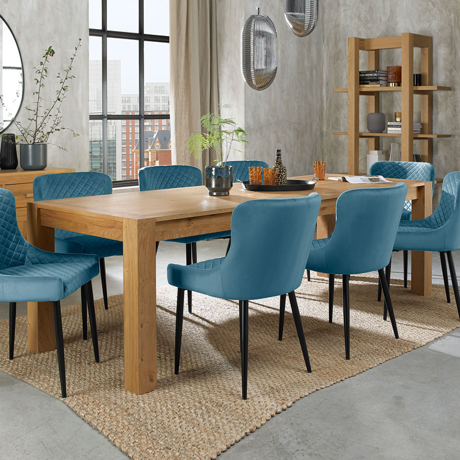 Silvan Light Oak 6 8 Seat Extending Dining Table with 6 Cezanne Petrol Blue Velvet Fabric Chairs 165 225cm Oak World