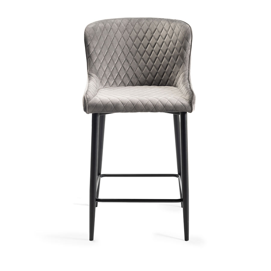 Eyam Vintage Oak Pair of Grey Velvet Fabric Bar Stools with Sand Black