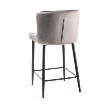 Eyam Vintage Oak Pair of Grey Velvet Fabric Bar Stools with Sand Black Powder Coated Legs
