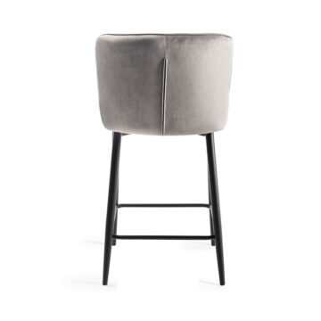 Eyam Vintage Oak Pair of Grey Velvet Fabric Bar Stools with Sand Black Powder Coated Legs