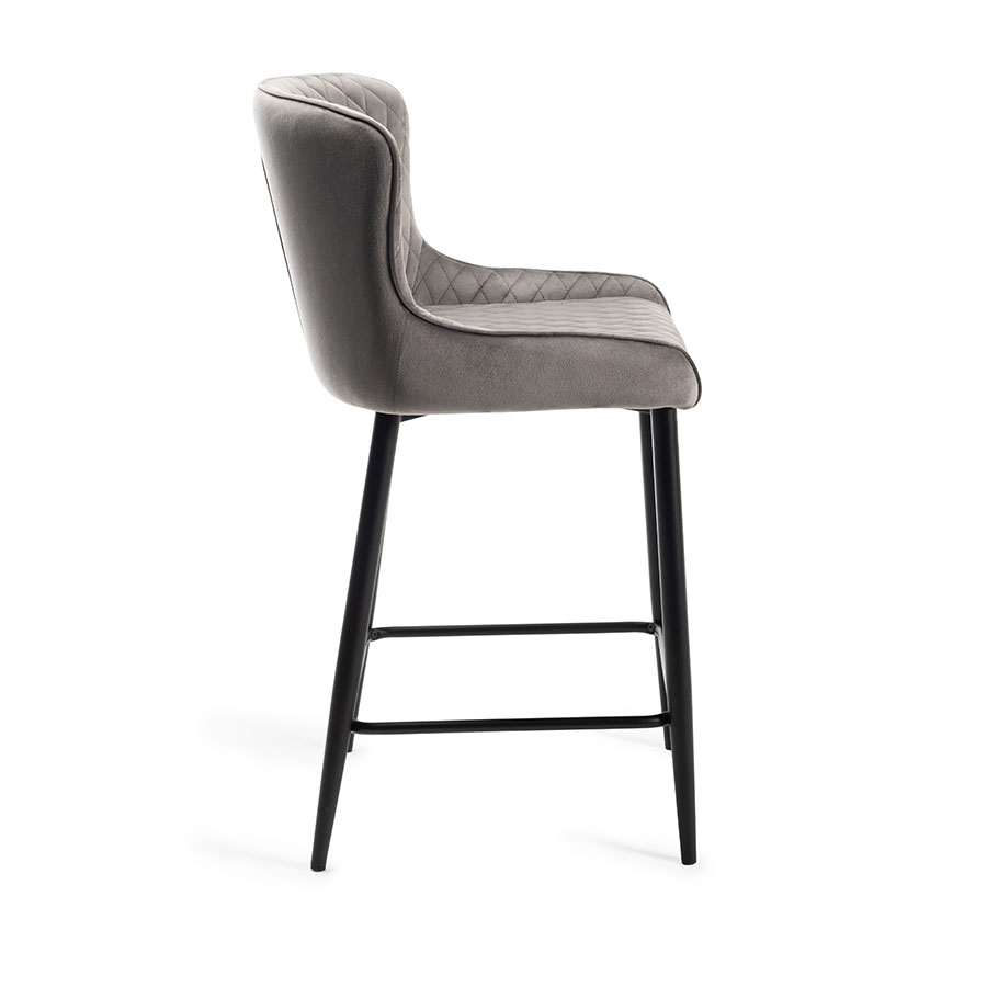 Eyam Vintage Oak Pair of Grey Velvet Fabric Bar Stools with Sand Black Powder Coated Legs Oak