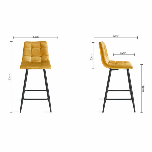 Yellow Mondrian Pair of Mustard Velvet Fabric Bar Stools with Sand Black Powder Coated Legs