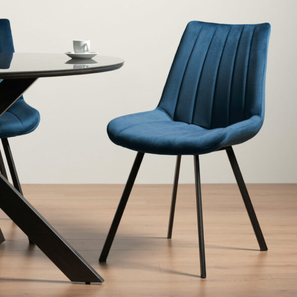 Fontana Pair of Blue Velvet Fabric Chairs with Grey Hand Brushing on Black Powder Coated Legs
