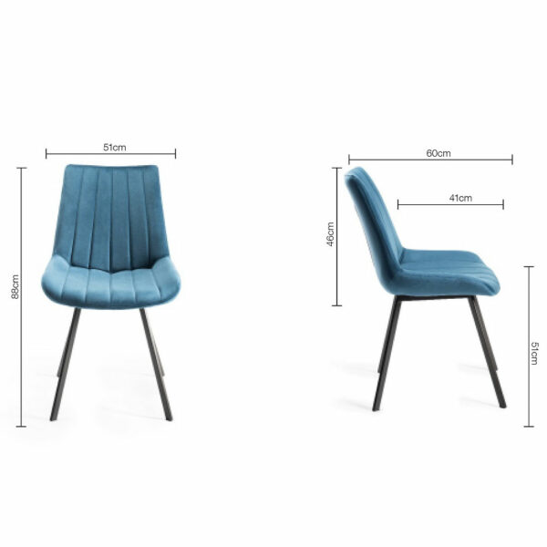 Fontana Pair of Blue Velvet Fabric Chairs with Grey Hand Brushing on Black Powder Coated Legs