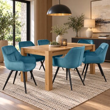 Silvan Light Oak Large 6-8 Seat Extending Dining Table with 6 Dali Petrol Blue Velvet Fabric Chairs | 185 - 245cm