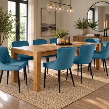 Silvan Light Oak 6-10 Seat Extending Dining Table with 8 Cezanne Petrol Blue Velvet Fabric Chairs | 185 – 245cm