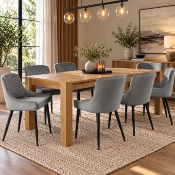 Silvan Light Oak 6-8 Seat Extending Dining Table with 6 Cezanne Grey Velvet Fabric Chairs | 165 - 225cm