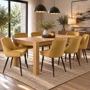 Yellow Silvan Light Oak 6-8 Seat Extending Dining Table & 6 Cezanne Mustard Velvet Fabric Chairs | 165 – 225cm