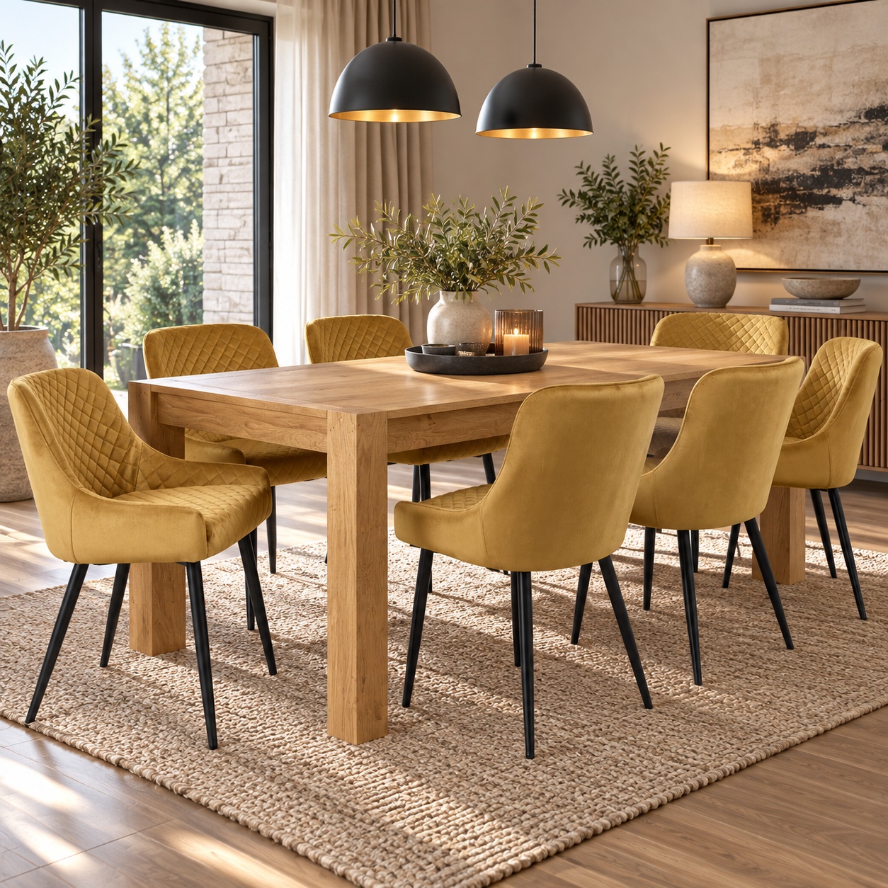 Yellow Silvan Light Oak 6-8 Seat Extending Dining Table & 6 Cezanne Mustard Velvet Fabric Chairs | 165 - 225cm
