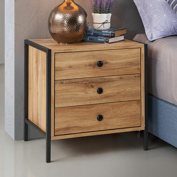 Mersey Nightstand with 3 Drawers | Wotan Oak | Bedside Table | Self Assembly