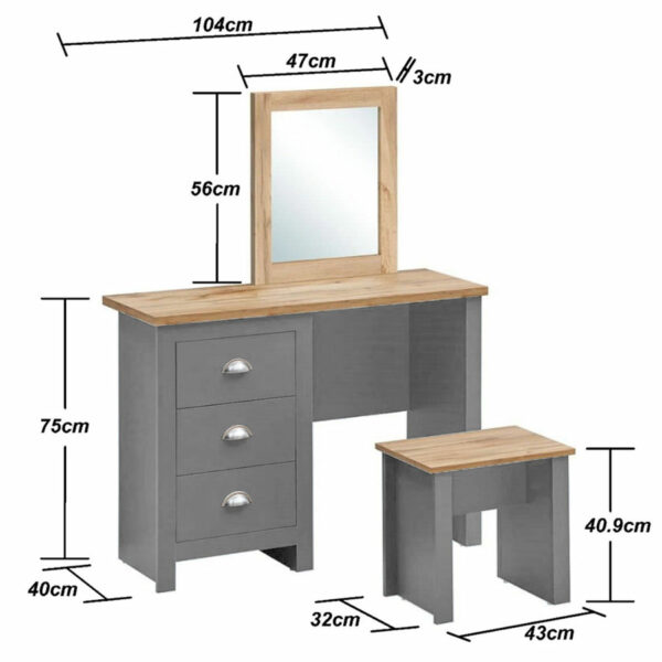 Leigh Grey 3 Drawer Dressing Table Set | Grey | Self Assembly