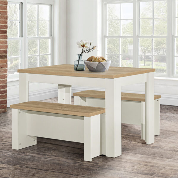 Cullercoats Cream Dining Table & Bench Set | Cream & Oak