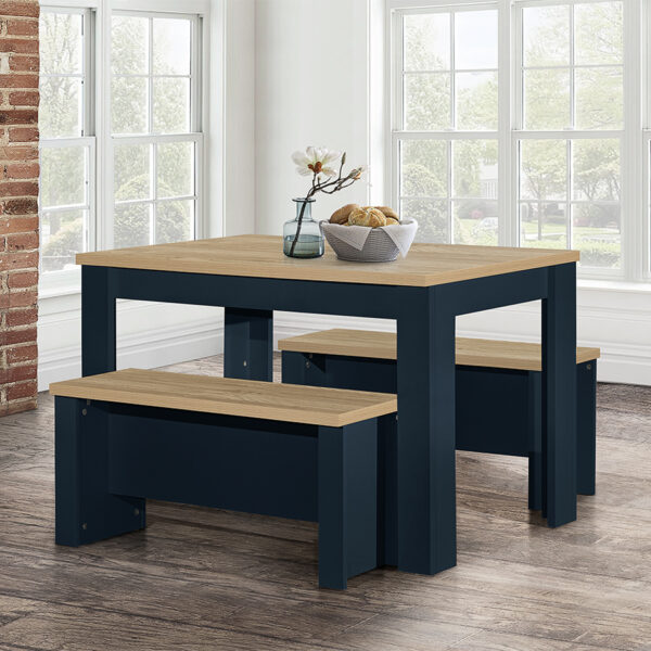 Cullercoats Blue Dining Table & Bench Set | Navy Blue & Oak