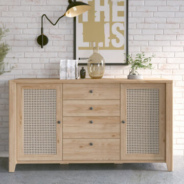 Spire 2 Door 4 Drawer Sideboard | Oak & Rattan Effect | Self Assembly