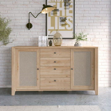 Spire 2 Door 4 Drawer Sideboard | Oak & Rattan Effect | Self Assembly