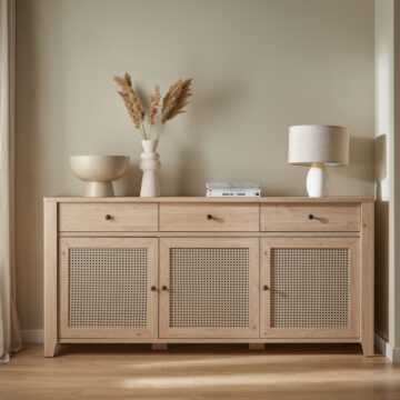 Spire 3 Door 3 Drawer Sideboard | Oak & Rattan Effect | Self Assembly