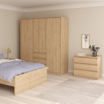Moderno Sliding Door Wardrobe with Drawers | Hickory Oak Finish