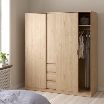 Moderno Sliding Door Wardrobe with Drawers | Hickory Oak Finish