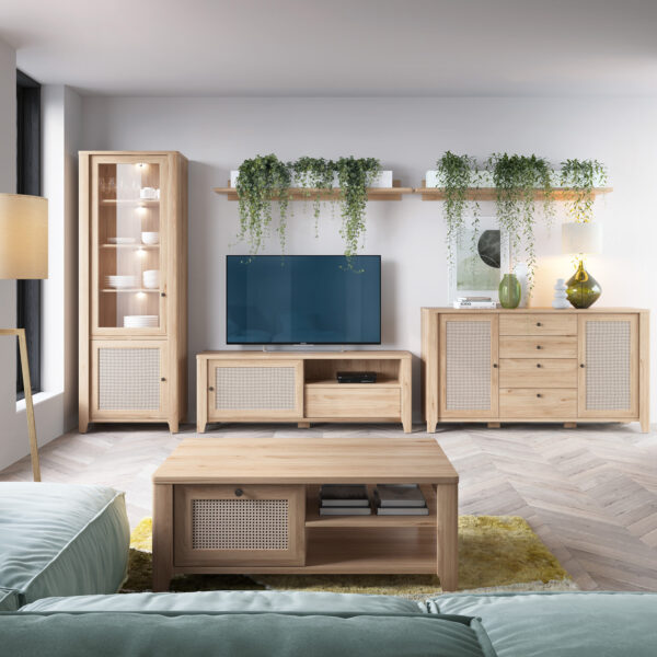 Spire 2 Door Display Cabinet | Oak & Rattan Effect | Self Assembly