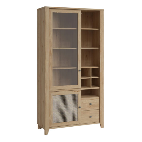 Spire 2 Door 2 Drawer Display Cabinet | Oak & Rattan Effect | Self Assembly