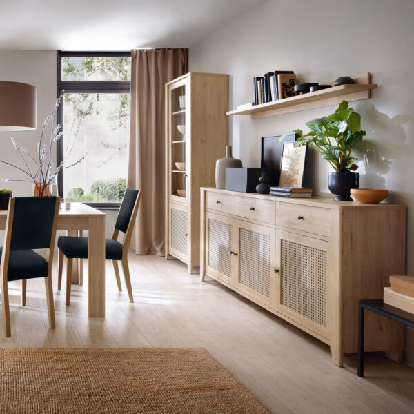 Spire 2 Door 2 Drawer Display Cabinet | Oak & Rattan Effect | Self Assembly