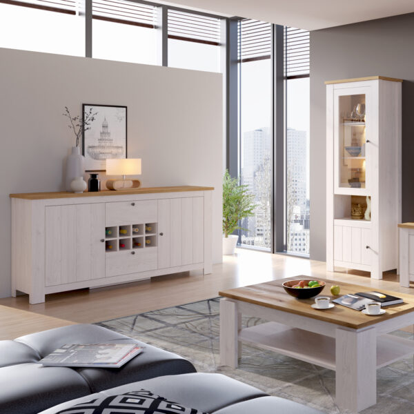 White Pelham 2 Door 2 Drawer Sideboard with Wine Rack | Larch Sibiu and Oak | Self Assembly