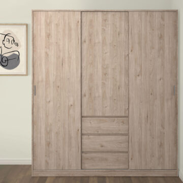Moderno Sliding Door Wardrobe with Drawers | Hickory Oak Finish
