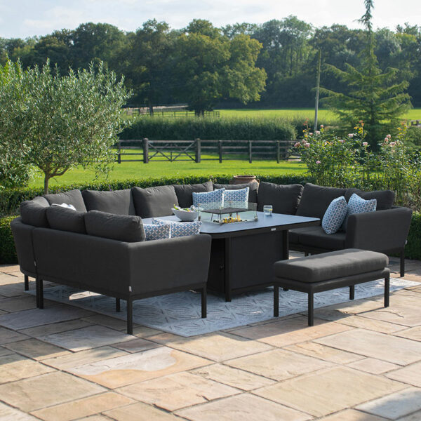 Maze Pulse U Shape Corner Dining Set with Fire Pit Table | Charcoal Grey