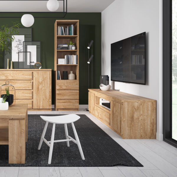Birtley Tall Narrow 1 Door 3 Drawer Glazed Display Cabinet in Oak | Self Assembly