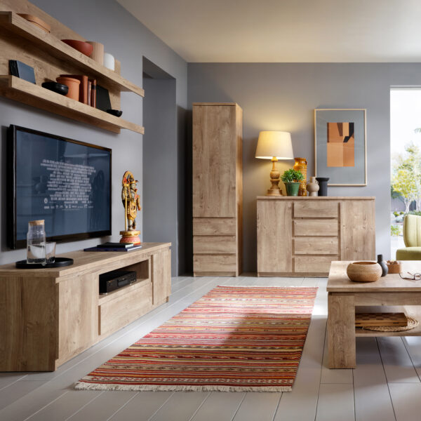 Birtley 2 Door 1 Drawer 166cm Wide TV Cabinet in Oak | Self Assembly